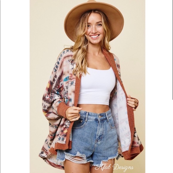 New!Sale❤️Rust Contrast Tribal Aztec Print Cuff Detail Design Open Soft Cardigan - Picture 2 of 6